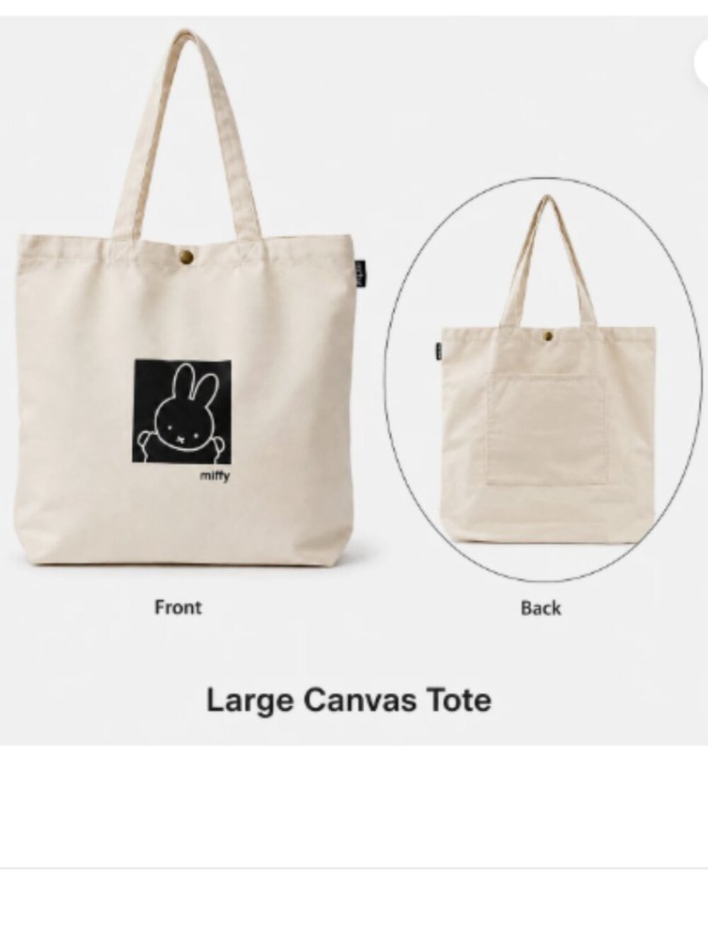 Miffy Rabbit A4 LARGE Canvas Book Tote Shoulder Bag Study Shopping Black Khaki